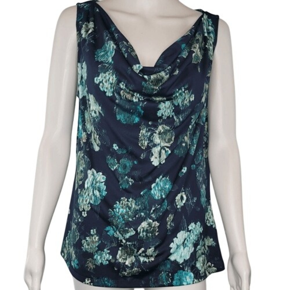 GNW Blue Floral‎ Sleeveless Cowl Neck Top